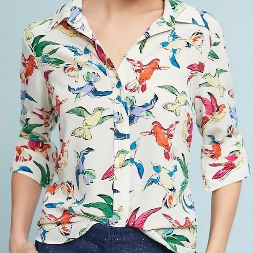 Meave 100% Silk Buttondown Bird Anthropologie 6